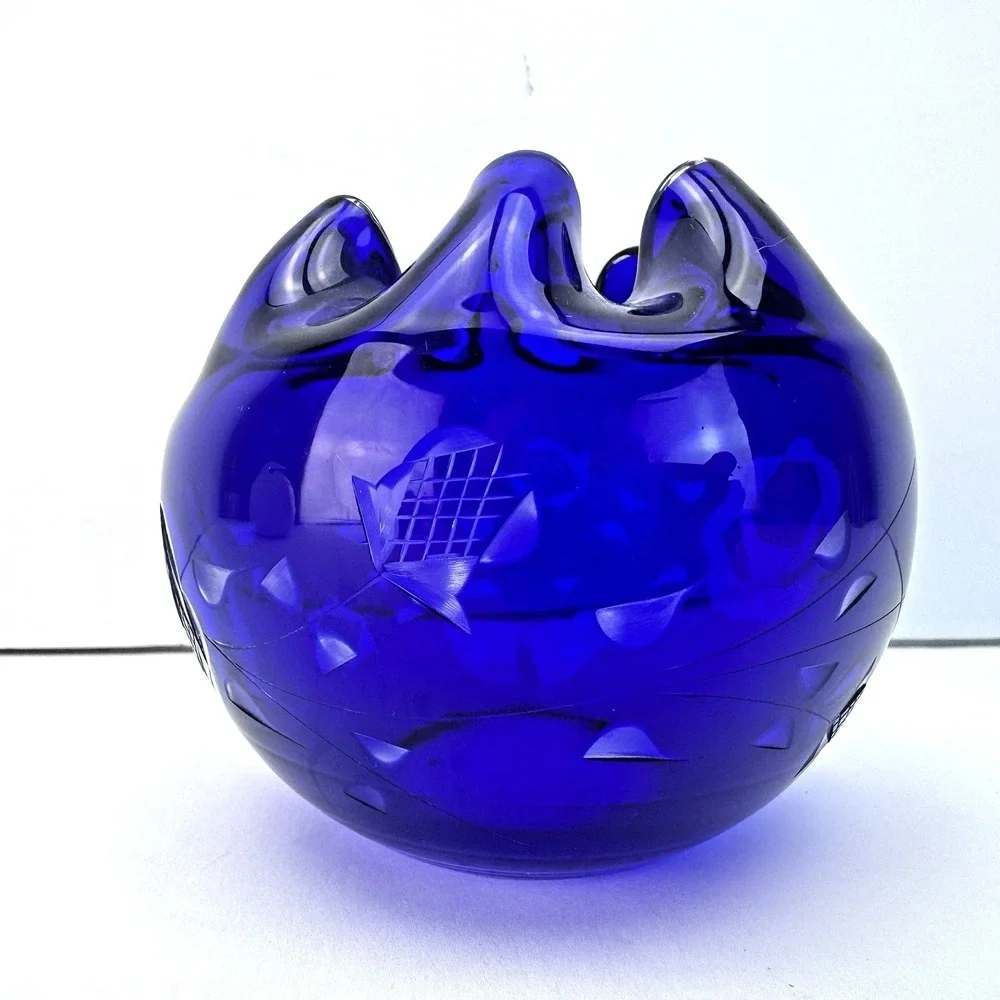 Cobalt Blue Rose‎ Bowl Dish Cut to Clear Crystal Ruffle Pinched Vase
